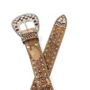 Western Rhinestone Calf Hair Leather Belt Womens XL Chunky Buckle Brown Tan